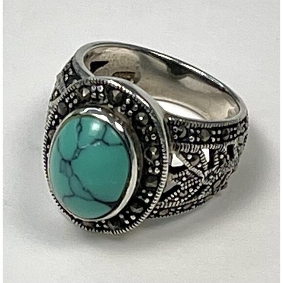 VTG Sterling Silver 925 Size 7.5 RING w/ Oval Turquoise Stone & Rhinestone EUC - Picture 1 of 3